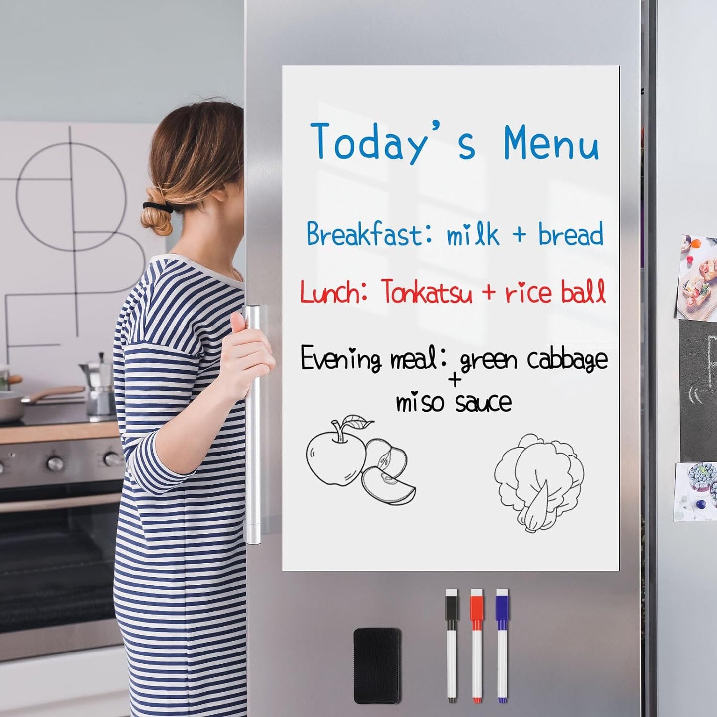 Magnetic Fridge White Board Paper, 24" x 36" Large Dry Erase Board Sheet for Organizer and Planner, Kitchen Refrigerator Whiteboard for Family to-do List, Includes Markers and Eraser