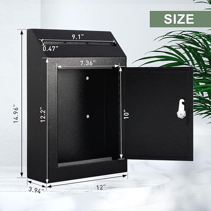 xydled Wall-Mount Mailbox,Heavy Duty Deposit Drop Box, Locking Metal Key Drop Box Suggestion Box with Key Lock,Secured Safe Storage Box Postbox for Home&Business Use,15x12x4 Inch,Black