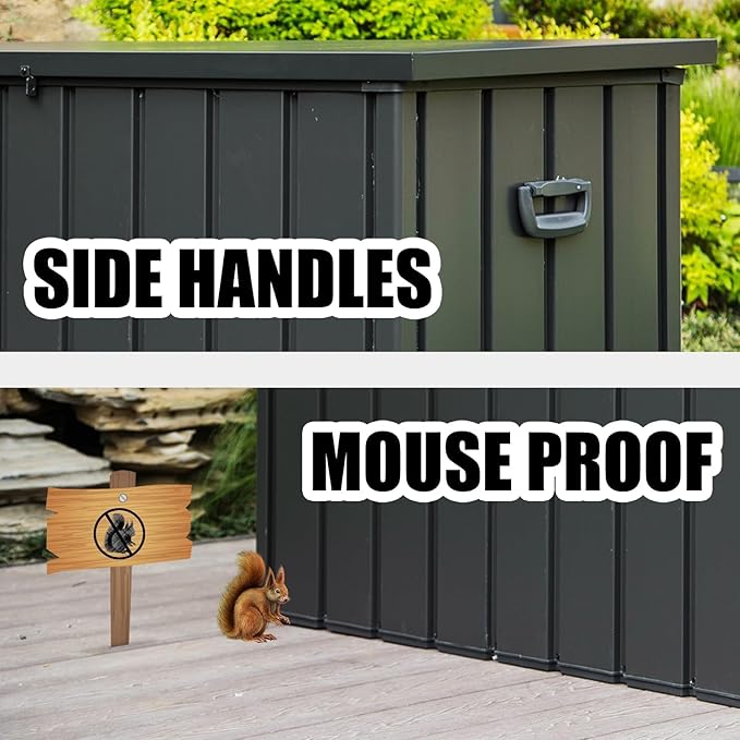 Domi 120 Gallon Deck Box, Patio Storage Box with Resin Lid, Steel Tool Waterproof Outdoor Storage Container for Outside Cushions, Lockable Outdoor Storage Bin for Garden and Pools Tools (Gray)