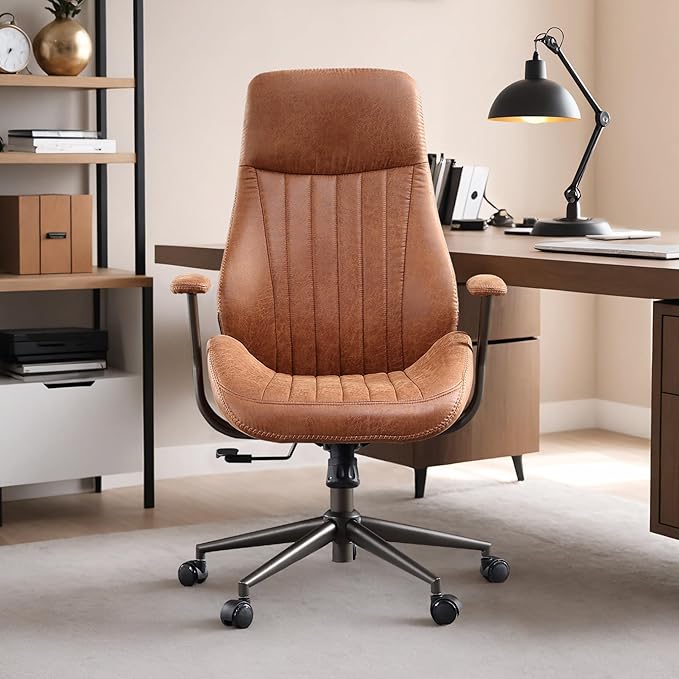 Mid Century Modren Office Chair - High Back Swivel Executive Chair with Lumbar Support,Ergonomic Computer Desk Chair with Wheels,Faux Lether Suede Task Chair,350lbs (Brown, High Back)