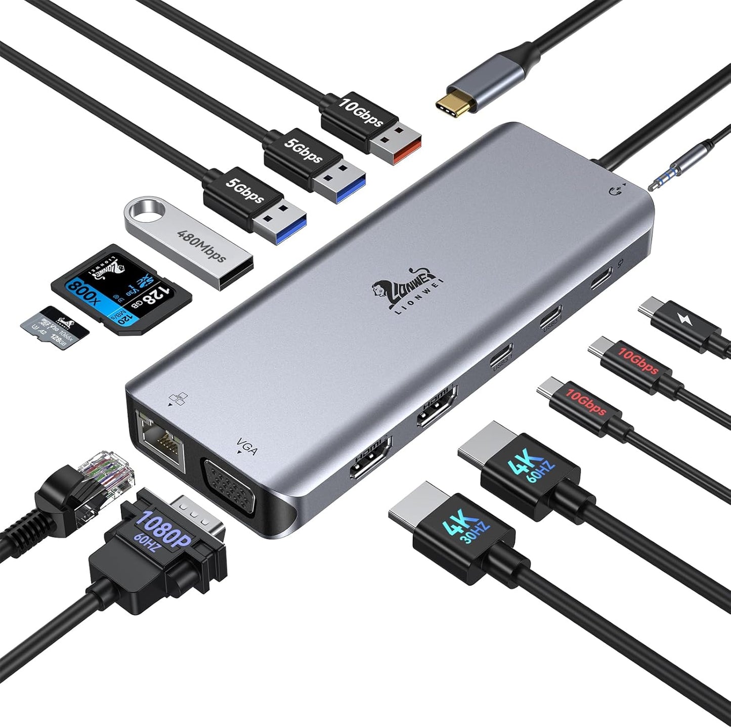 USB C Docking Station Dual Monitor for Laptop, LIONWEI 14-in-1 USB-C Hub with Triple Display, 2 HDMI + VGA, Ethernet, 6 USB A/C 3.0/2.0, PD, SD/TF, Audio, USBC Dock for Surface/HP/Dell/Lenovo/MacBook