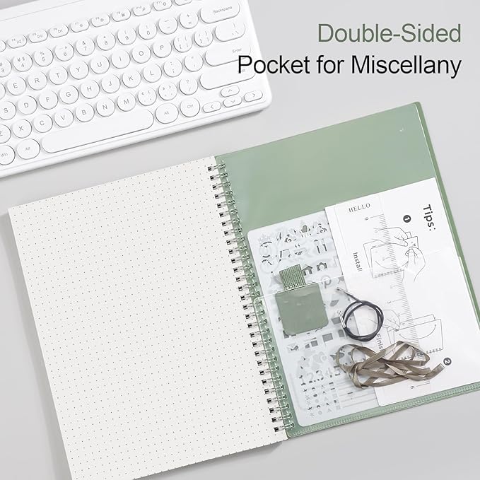 AHGXG Bullet Dotted Journal - Dot Grid Spiral Notebook 8.5" x 11", A4 Large Dotted Notebook, 100 GSM Thick Paper, Waterproof Plastic Cover Journals for Bullet Journaling, Sketching, Sage Green