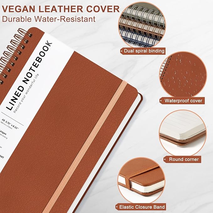 Lined Spiral Journal Notebook, A5 Hardcover Leather Notebook for Work, 5.7''×8.2'', 100GSM Thick Paper Spiral Bound Journaling Notebooks for Women & Men Office School Note Taking Business, Brown