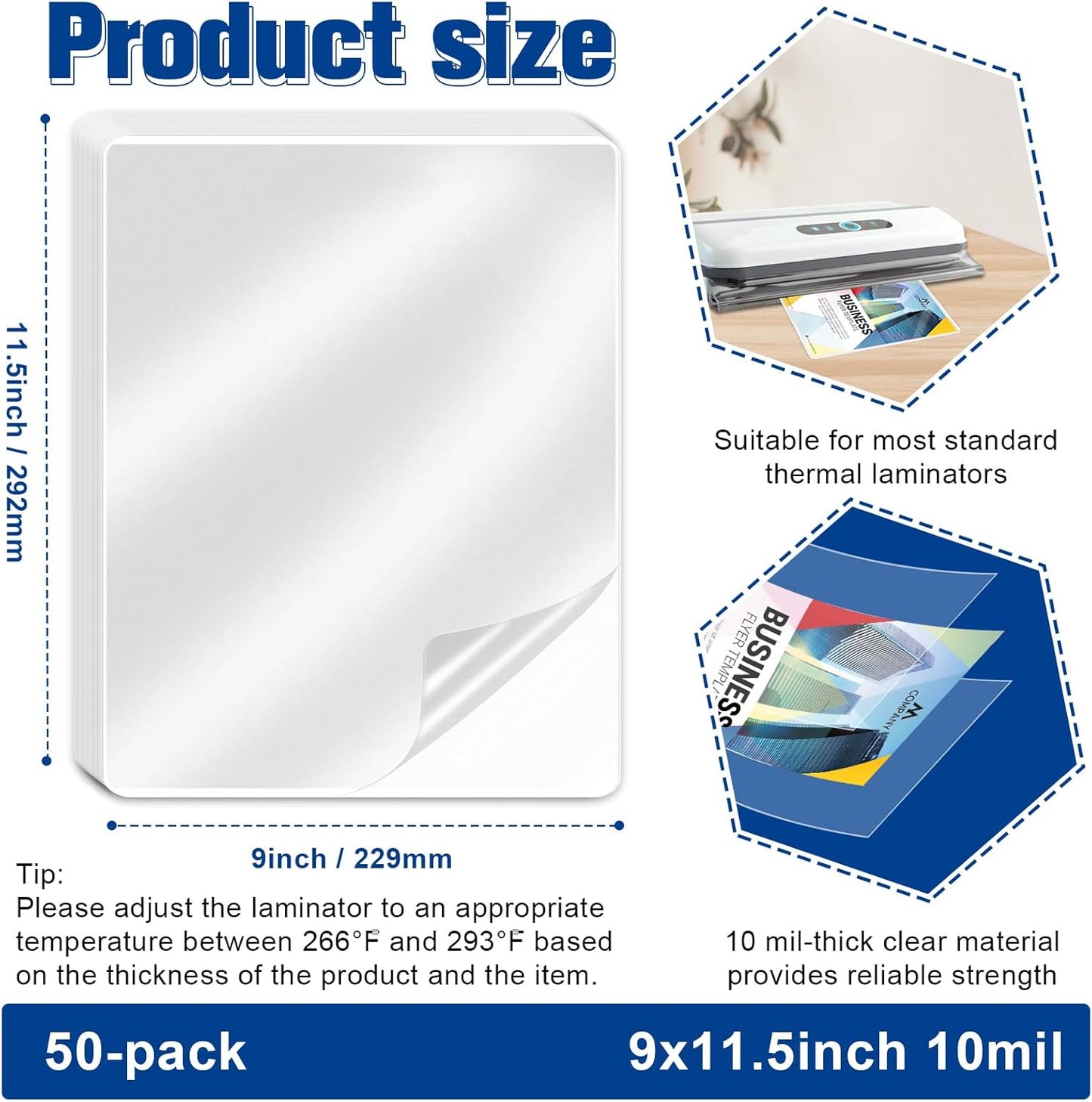 50 Pack 9x11.5inch 10mil Letter Size Laminating Sheets Thermal Laminating Pouches Laminator Sheets File Card Laminator Pouches 8.5x11inch for Work Permits Cards File Photos (50, 9"x11.5"-10mi)