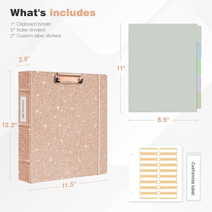 Ospelelf 3 Ring Binder with Clipboard, 2 Inch Leather, Letter Size (8.5" x 11") Dividers with 5 Tabs, Rose Gold