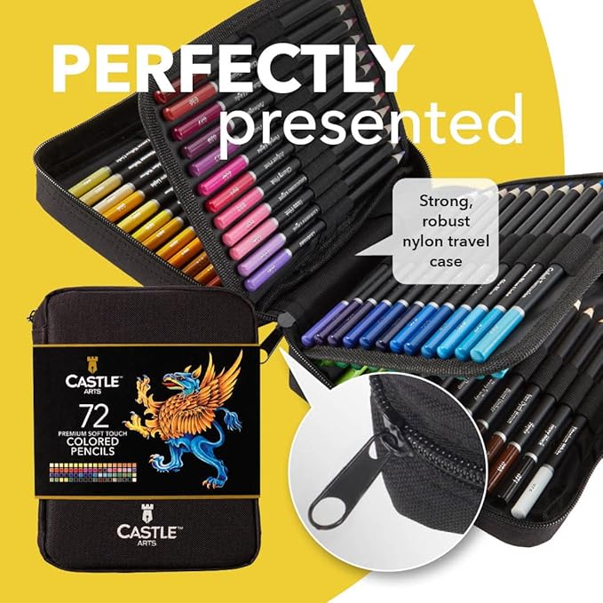 Castle Art Supplies - Set of 72 colored pencils with soft core for artists, professionals and adult colorists, sturdy zipper case for easy carrying