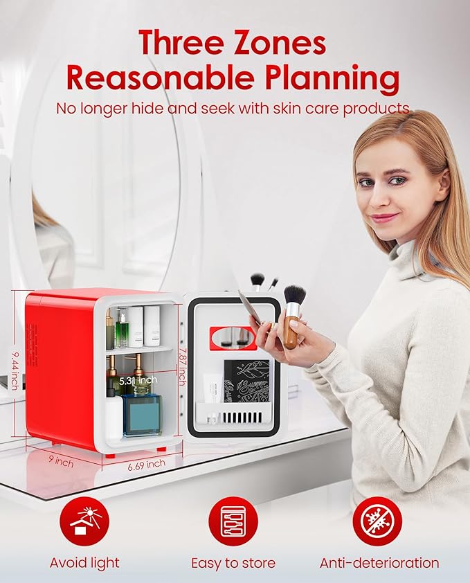 Skincare Fridge - 4L Mini Fridge for Bedroom, Office and Car, for Refrigerating Makeup, Skincare and Food, Cooler and Warmer, Beverage Cooler, Red