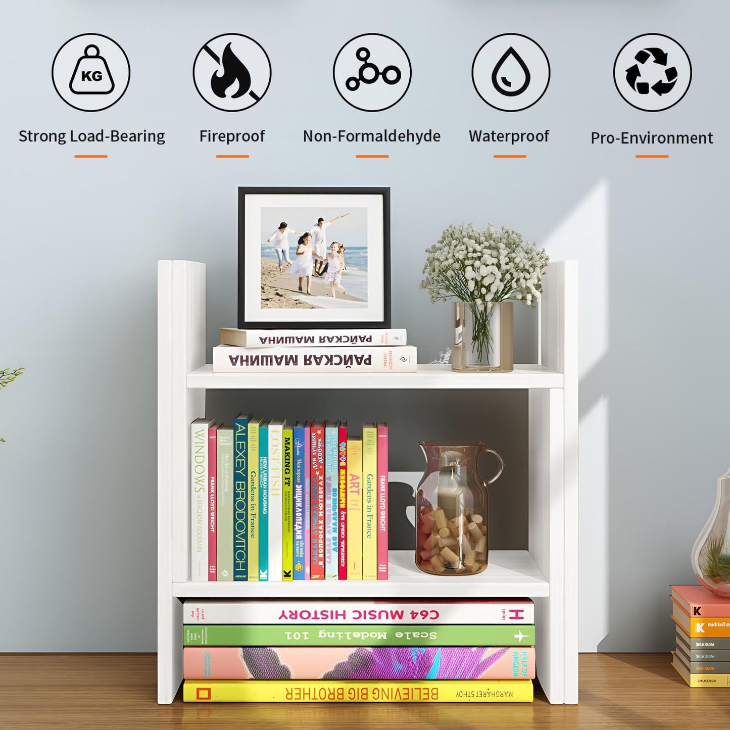 YSJILIDE Wood Adjustable Small Desktop Bookshelf, Expandable Storage Organizer, Organizer Office Storage Rack, Display Shelf Rack, Office Supplies Desk Organizer(White)