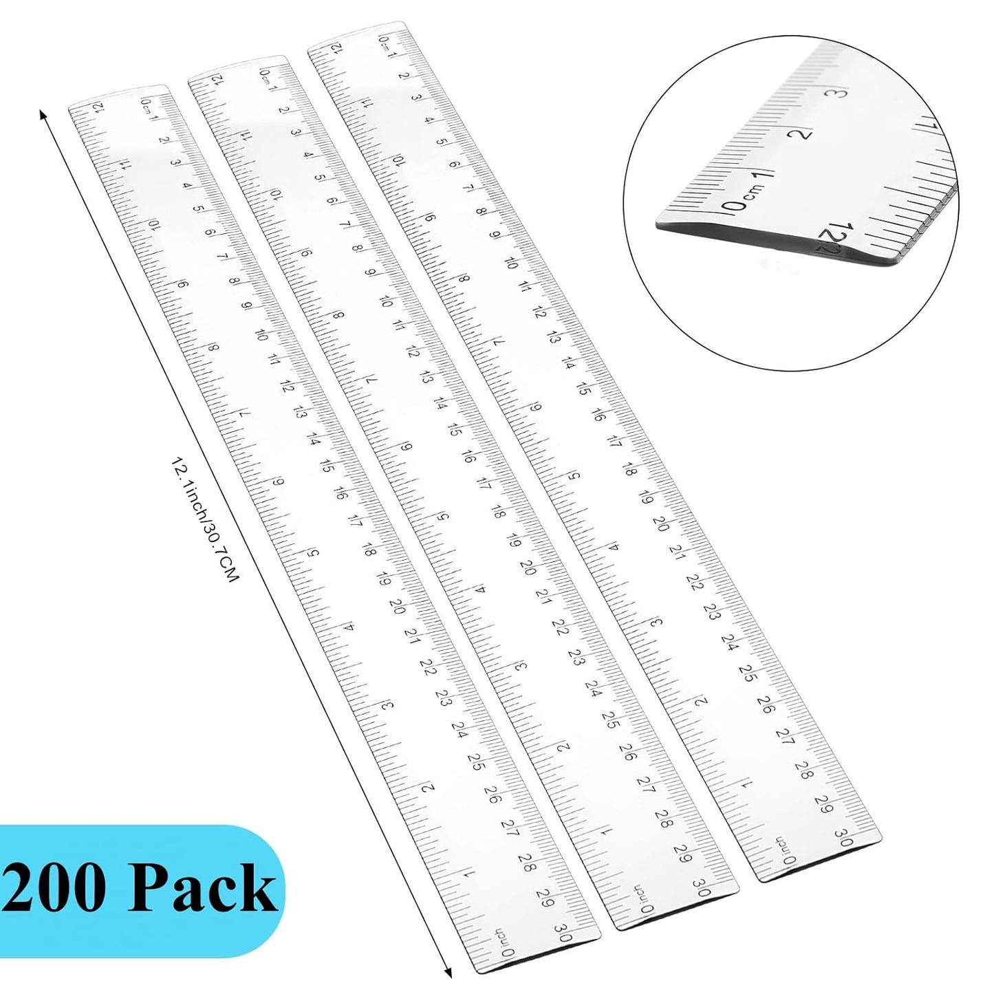 Zonon 200 Pieces 12 Inch Ruler Bulk Clear Plastic Flexible Straight Metric Rulers with Centimeters and Inches Drafting Measuring Tool for Classroom School Students Education