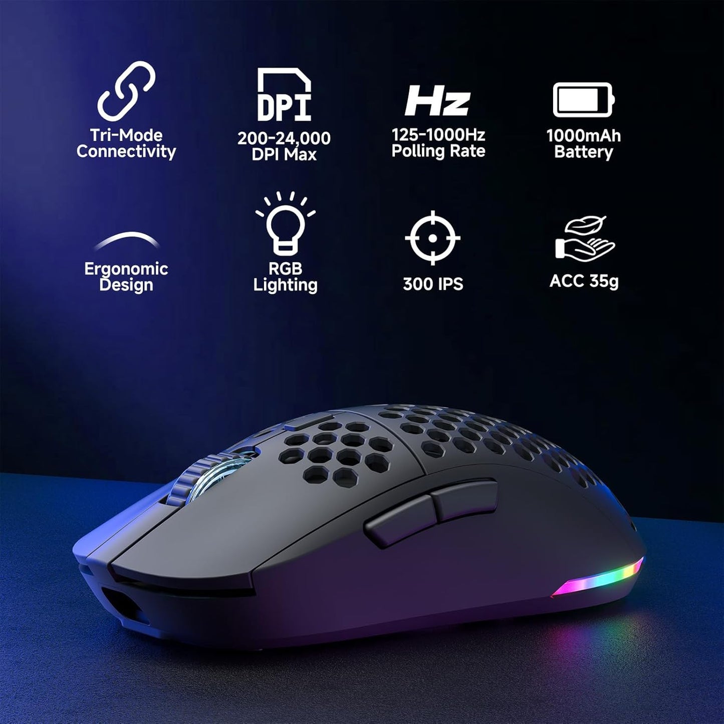 DIERYA M1 Wireless Gaming Mouse, 24000DPI, 180Hrs Battery, 16.8M RGB, 6 Programmable Buttons, Lightweight, Tri-Mode (2.4G/BT5.2/USB-C) for PC/Mac/Laptop - Black