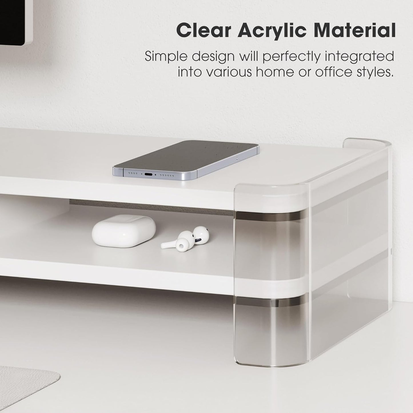 Fenge Acrylic Monitor Stand Riser, Clear Dual Acrylic Computer Monitor Stand for 2 Monitors, 2 Tier Wood Office Desk Storage Organizer for Laptop, Computer, TV Stand