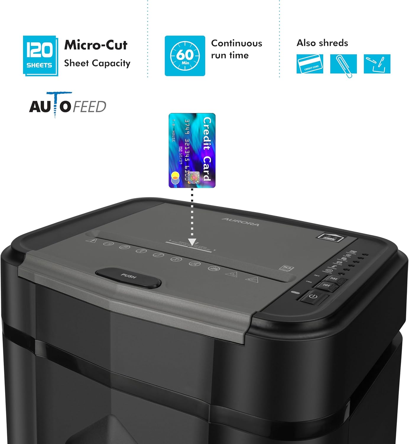 Aurora High Security 120-Sheet Auto Feed Micro-Cut Paper and Credit Card Shredder with 5 Gallon Pullout Basket / 60 Minutes/Security Level P-5