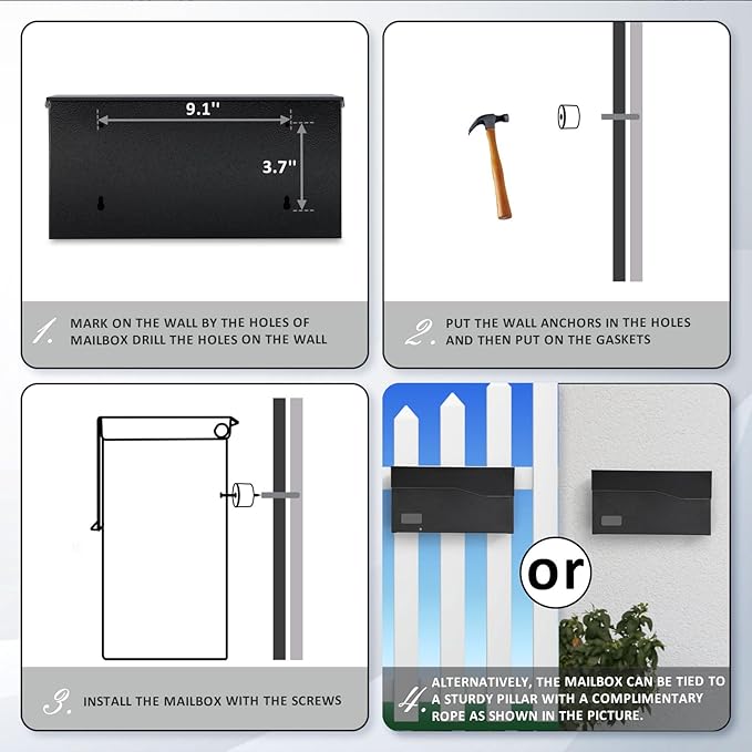 xydled Mailbox with Key Lock, Locking Wall Mount Mail Boxes for Outside, Steel Hanging Metal Mailbox, Modern Post Box, Black, 14.57''x7.09''x3.4''