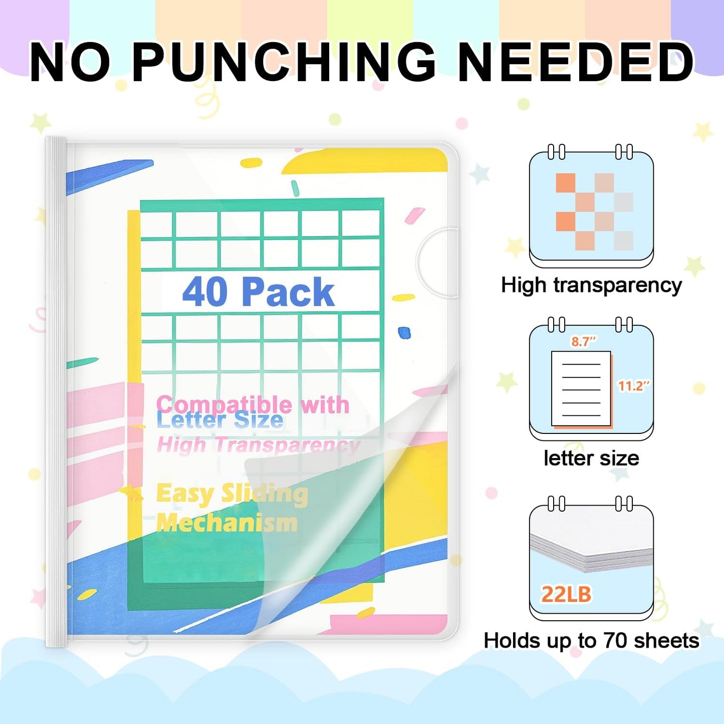 TOTiyea 40 Pack Clear Report Covers with Sliding Bars, Letter Size, 9mm (70 Sheet Capacity) White Sliding Bar File Folders