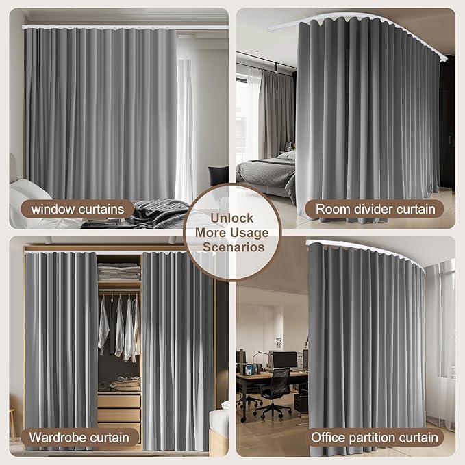 Room Divider Curtains & Flexible Bendable Tracks Set,Privacy Dividers Ceiling Track Curtain Window Blackout Curtains for Living Room Bedroom (W180 × H84 in 1 Panel Grey Drape & White Rail)