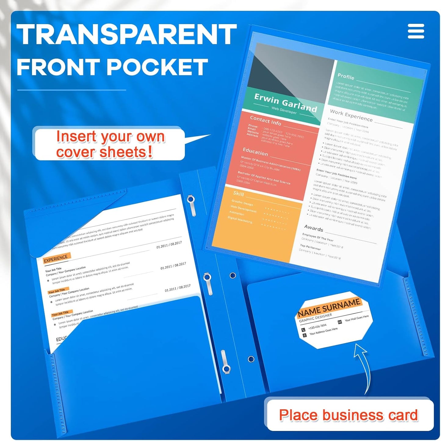 Henoyso 100 Pcs Plastic Folder with Clear Front Pocket and 3 Prong Plastic Folders with Card Slot Pocket Folders with Prongs for School Office (Blue)