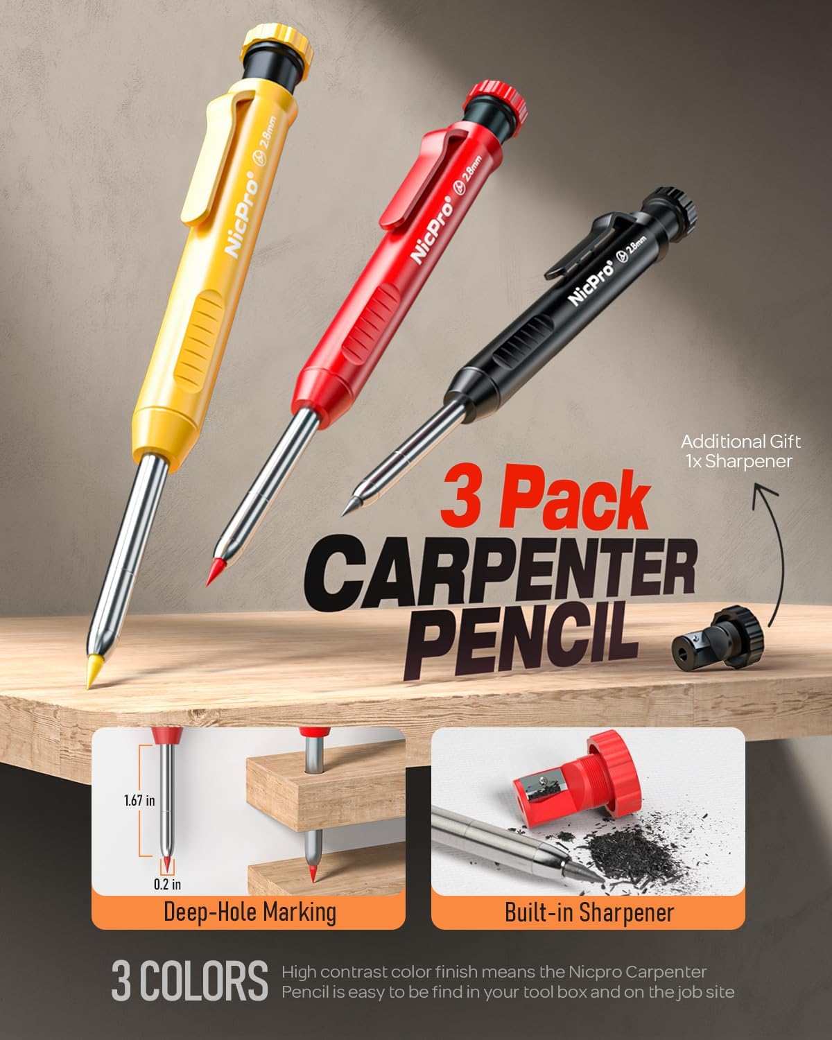 Nicpro 3 Pack Carpenter Pencil with Sharpener, Mechanical Carpenter Pencils with 39 Refills, Construction Pencil Heavy Duty Woodworking Pencils for Architect (Red, Black, Yellow)- With Case