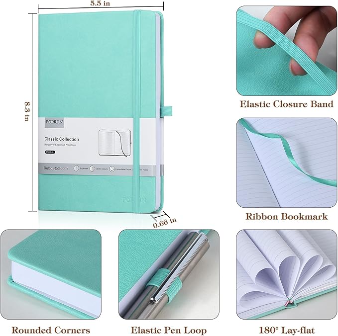 POPRUN A5 Lined Journal Notebooks, Leather Hardcover Thick Notebook for Writing, Business Work, Travel, School, College, Christmas, 5.5 x 8.3 inch, 240 Pages Classic Ruled Journals Notepad, Turquoise