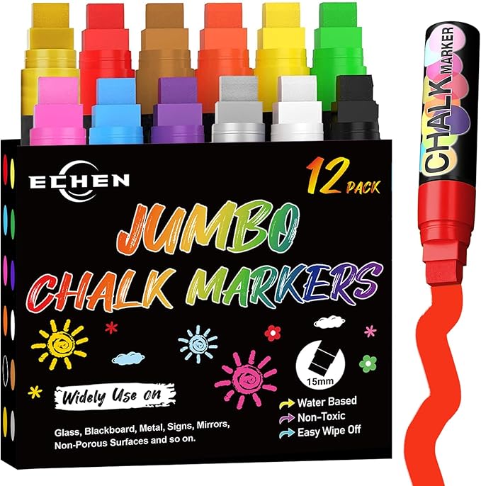 12 Colors Washable Window Markers for Cars, 15mm Jumbo Liquid Chalk Markers, 3 in 1 Nib, Metallic & Neon Paint Glass Pen for Auto, Chalkboard, Blackboard, Bistro, Menus and Any Non-Porous Surface