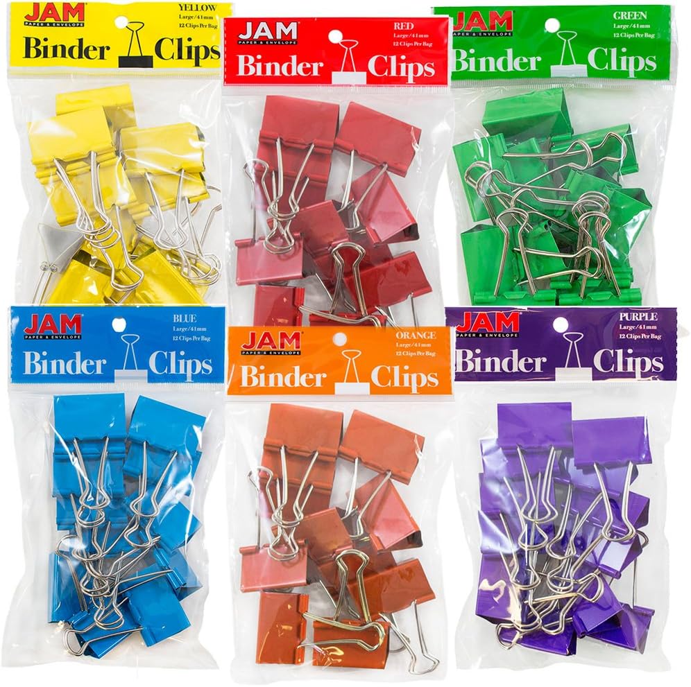 JAM PAPER Colorful Binder Clips - Large - 1 1/2 Inch (41 mm) - Assorted Binderclips - 6 Packs of 12