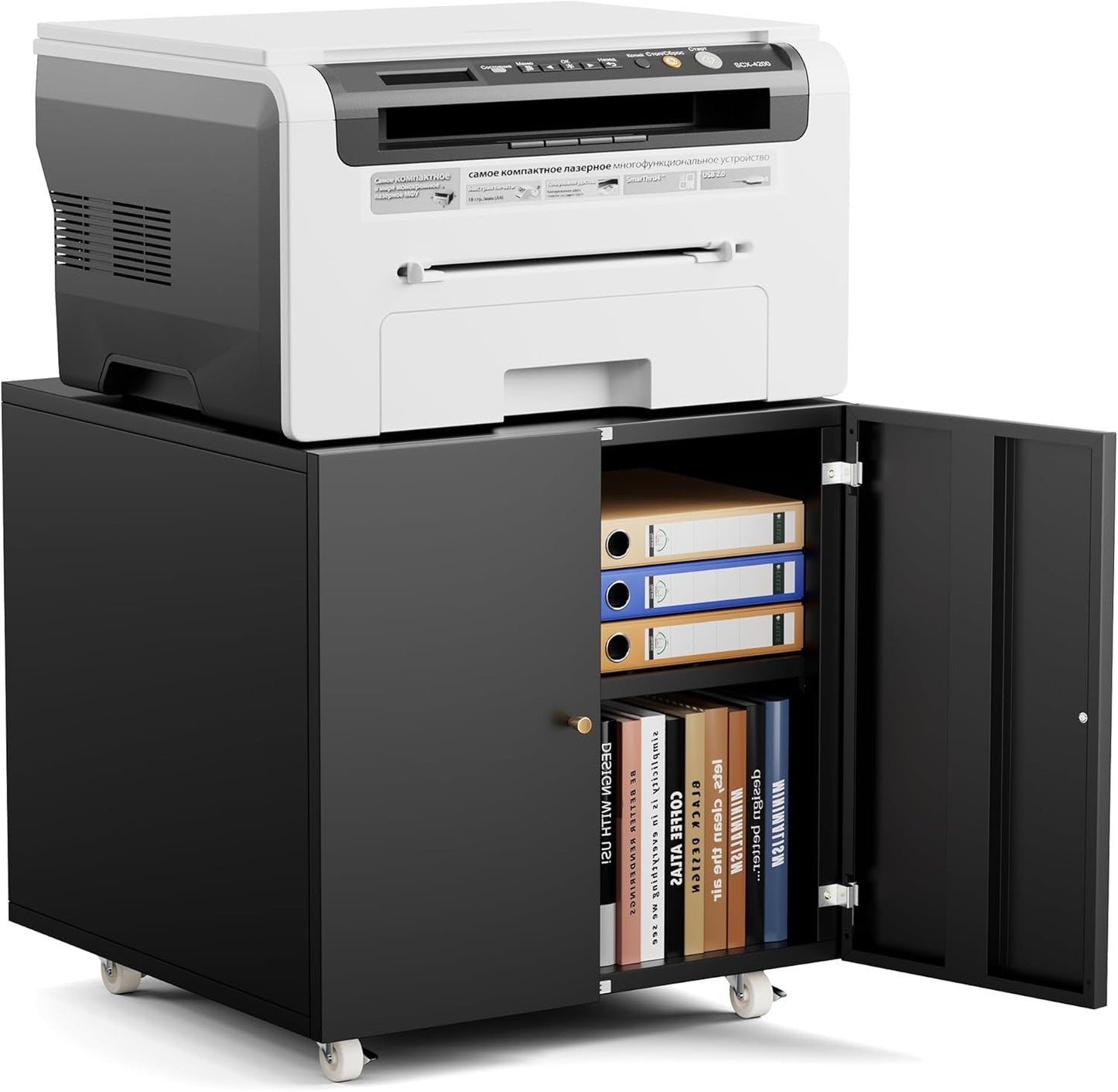 Warmiehomy Metal Printer Stand, 24x24x24'' Printer Cabinet with Storage, Mobile Printer Table with Wheels, Desk for Small Spaces with Door, Adjustable Metal File Cabinet for Home Office (Black)