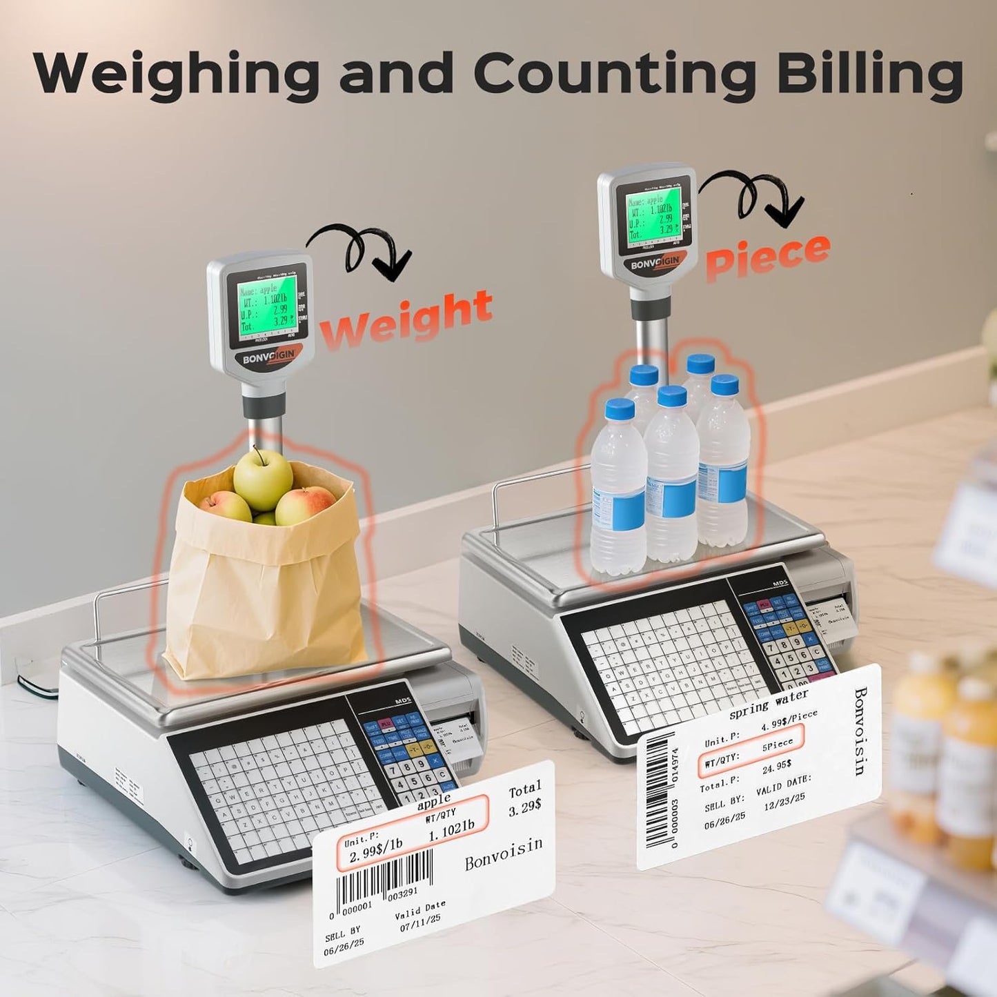 Bonvoisin Label Printing Scale 33lbs Capacity, Price Computing Scale with Label Printer Barcode Scale Deli Scale for Supermarket and Shop