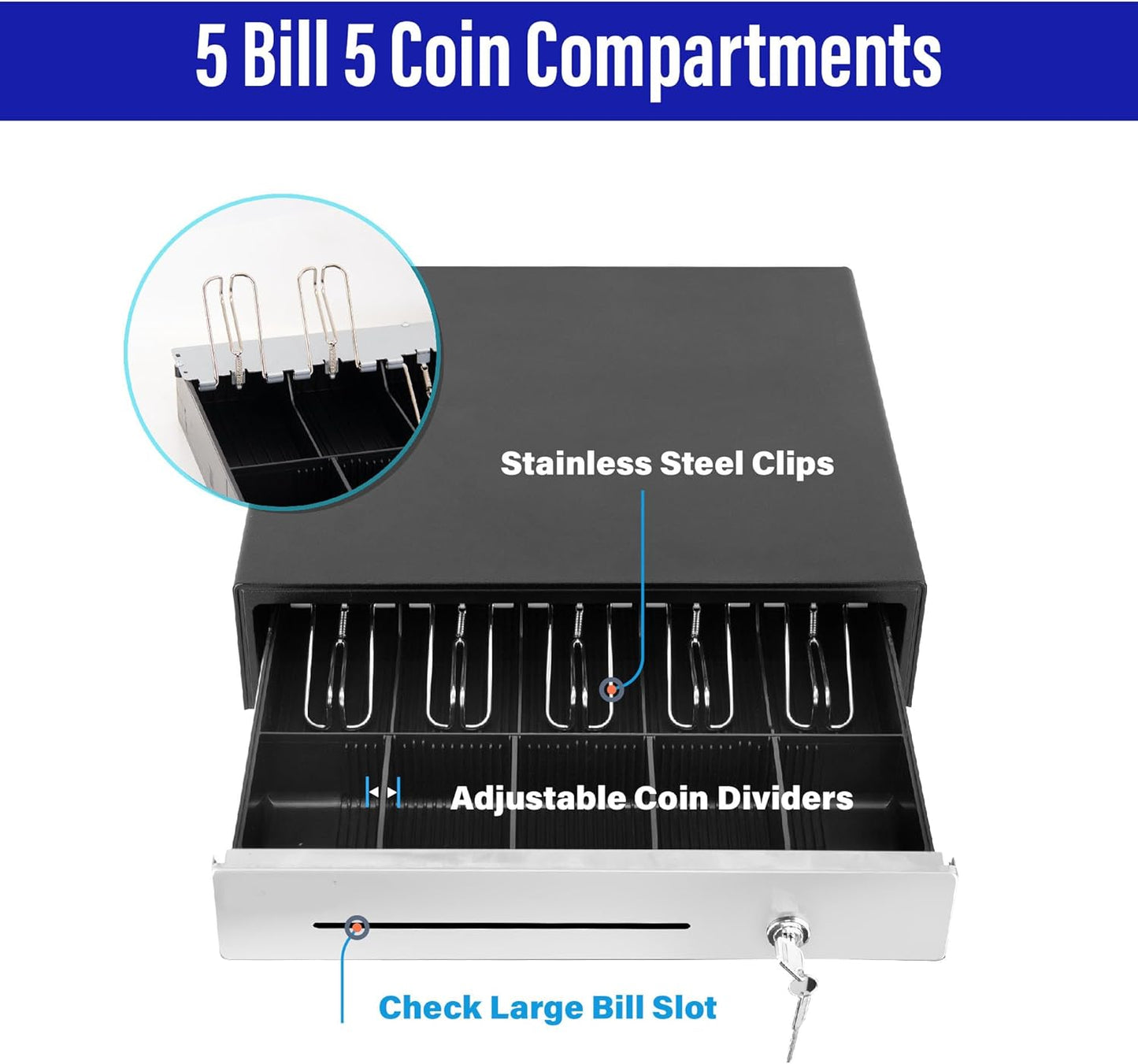 SAM4s 16" "Stainless Steel" Front Heavy Duty Black POS Cash Drawer with 5Bill/5Coin