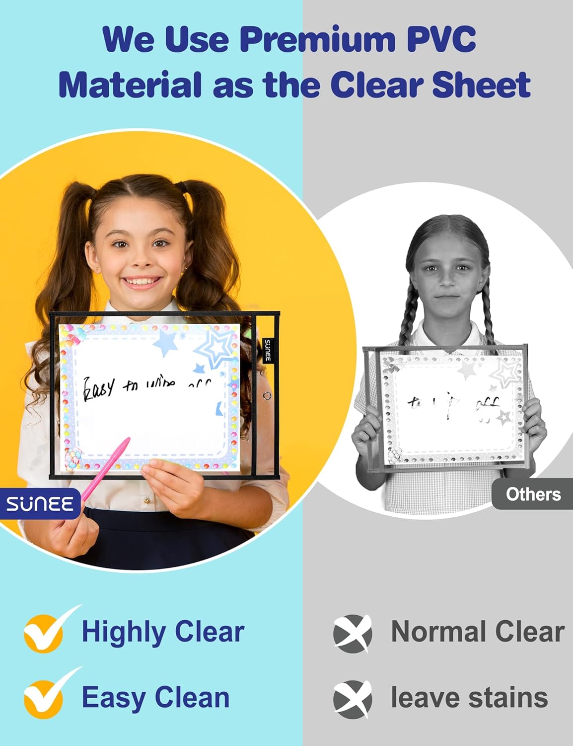 SUNEE 50 Packs Oversized Reusable Dry Erase Pocket Sleeves with 3 Rings, Black 10x14 Ticket Holders, Clear Plastic Sheet Protectors, Teacher School Classroom Supplies