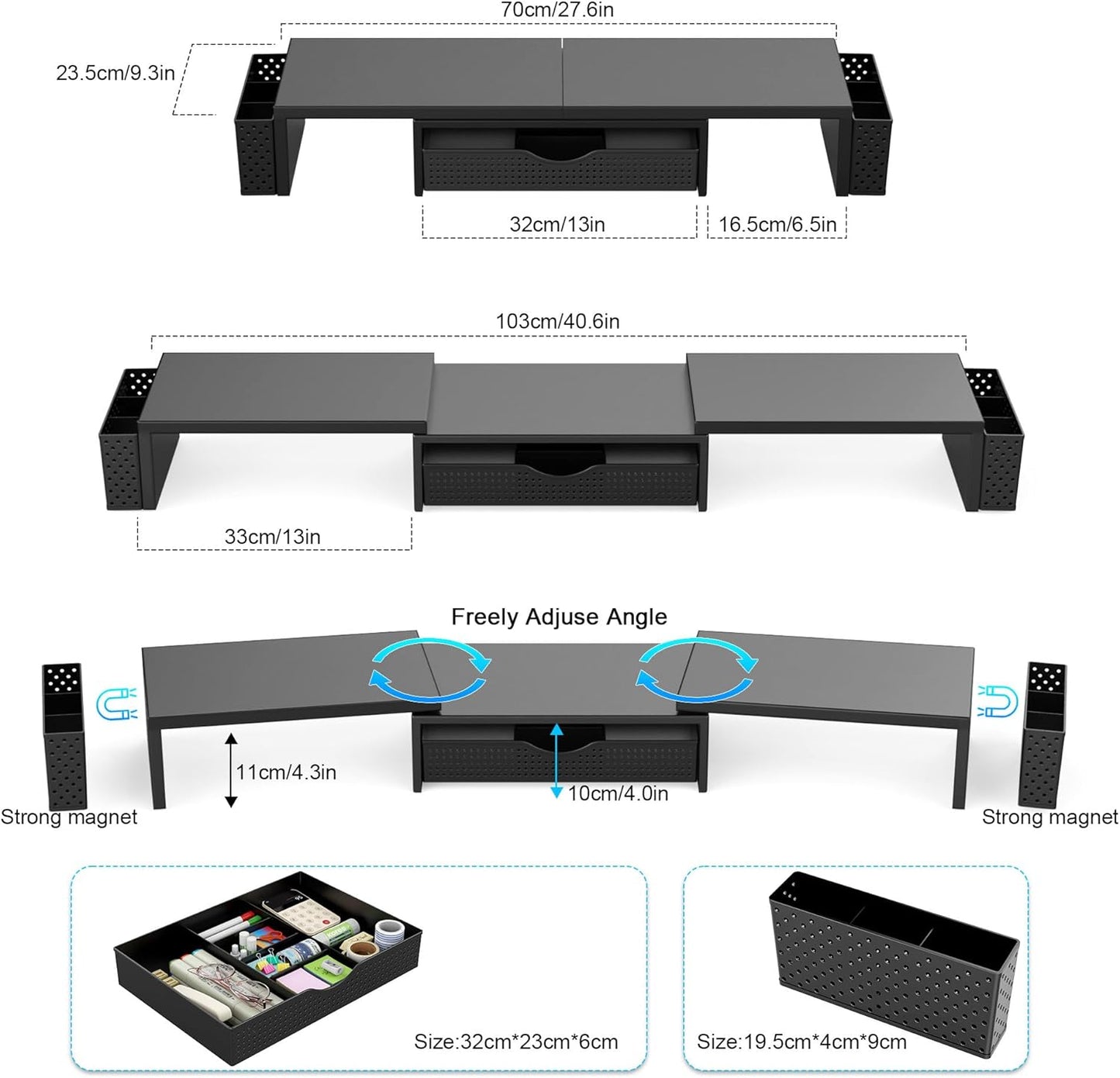 Spacrea Metal Desk Organizers and Accessories, Dual Monitor Stand Riser with Drawer and 2 Pen Holders, Desk Accessories & Workspace Desktop Organizers for Office Supplies (Black)