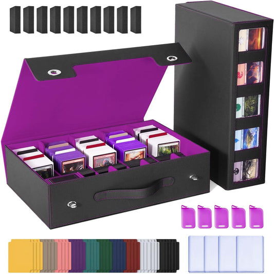 Trading Card Storage Box with Commander Display, 5 Row Magic Card Box with Handle & Aluminum Alloy Locking for 3900+ Unsleeved Cards Suits for MTG PTCG TCG Sports Cards (Black Purple)