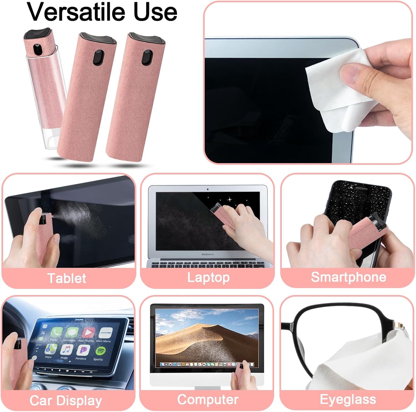 walrfid 3 Pack Screen Cleaner, Car Screen Cleaner Spray and Wipe, Computer Laptop Cleaning Kit for Electronic iPad, iPhone, Cellphone, Monitor, MacBook, Car Display, Tablet, TV Flat Screens, Pink