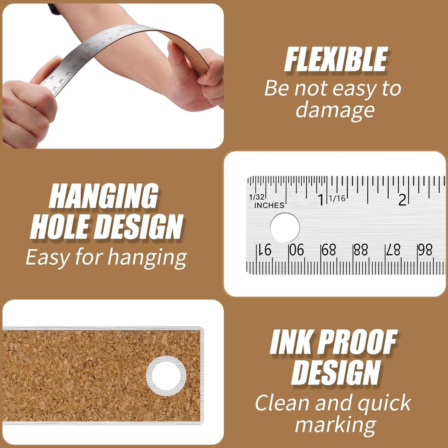 2PCS 36 Inch Metal Ruler, Stainless Steel Straight Edge Ruler with Cork Backing, Non-Slip Imperial & Metric Measuring Tool for School, Office, Woodworking, Drafting