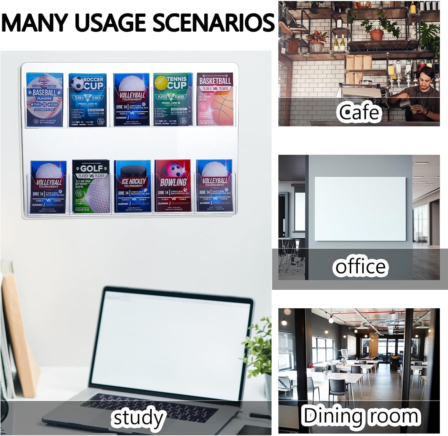 Eersida 10 Pockets Acrylic Brochure Pamphlet Holder Brochure Display Stand Business Tri Fold Multi Slot Holder Rack Wall Mount Clear Pocket Space Saver for Flyer Literature Menu Advertise