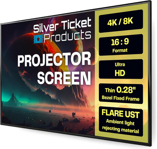 Silver Ticket Products S7 Series 6 Piece Thin Bezel Home Theater Fixed Frame 4K/8K Ultra HD, HDTV, HDR & Active 3D Projection Screen, 16:9 Format, 100" Diagonal, UST Flare Material S7-169100-FLARE