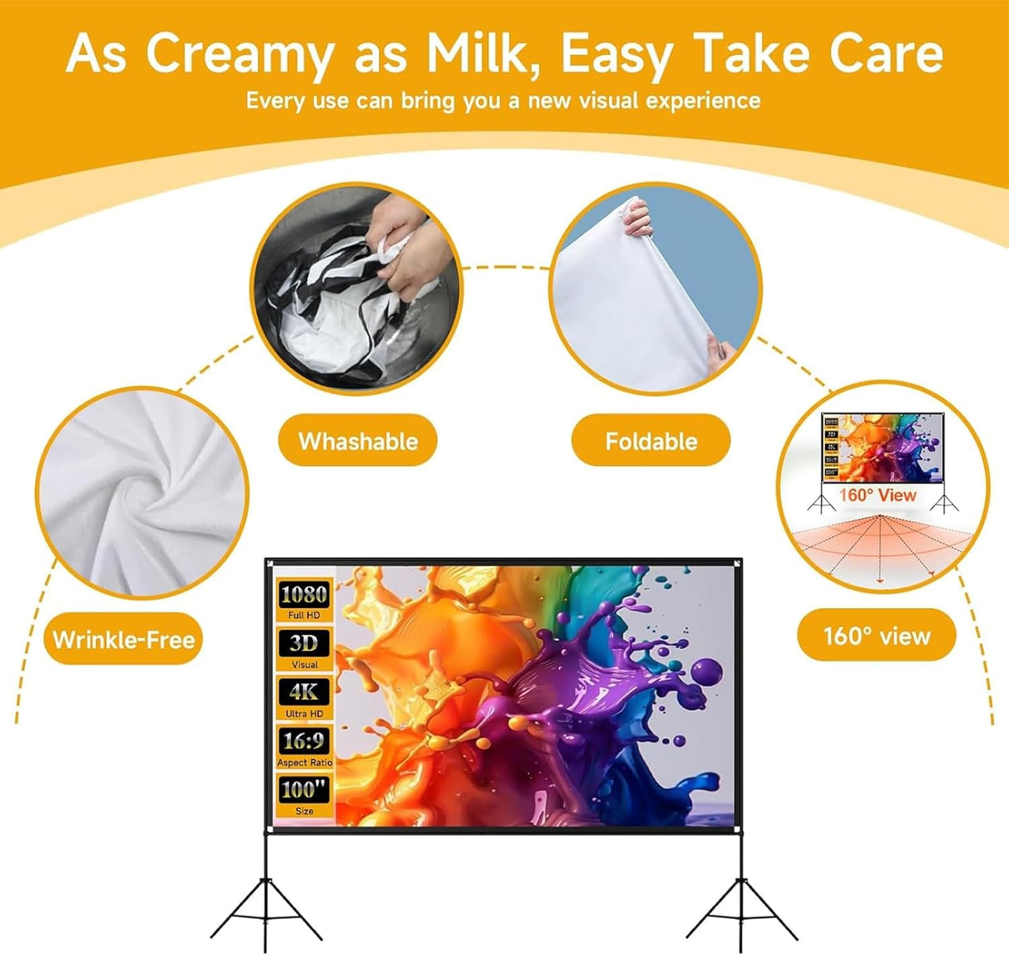 Outdoor Projector Screen with Stand, SCREENMAX 100 inch Foldable Projector Screens with Portable Carry Bag, 16:9 4k HD Rear Front Wrinkle-Free Projection Screen for Movie Night and Indoor Home Theater