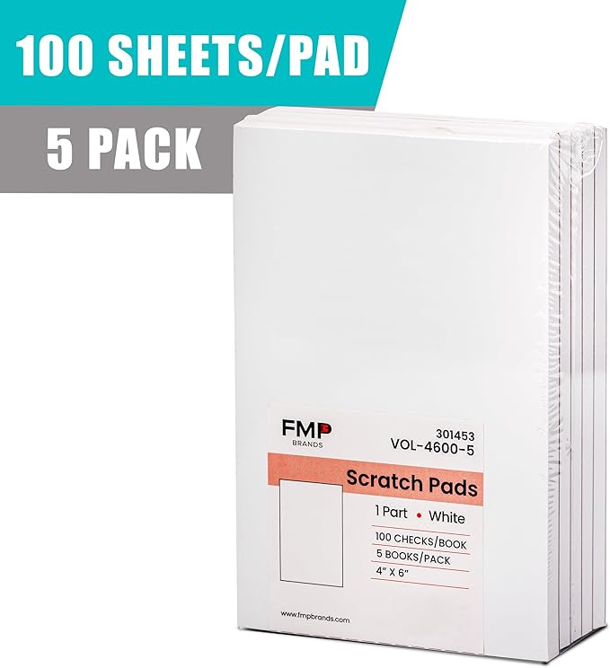 FMP Brands 5 Pack Note Pads 4x6, 100 Sheets Per Memo Pad, Writing Scratch Pad, Blank Notepad, White Waitress Server Note Pads, Paper Pad, To Do Grocery List Small Notepads
