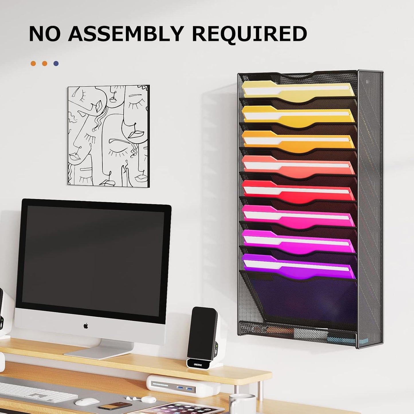 10-Tier Hanging Wall File Organizer Wall Mounted File Holder Document Wall Organizer for Office Organization and School Storage (No Assembly Required) (10 Tier Black)