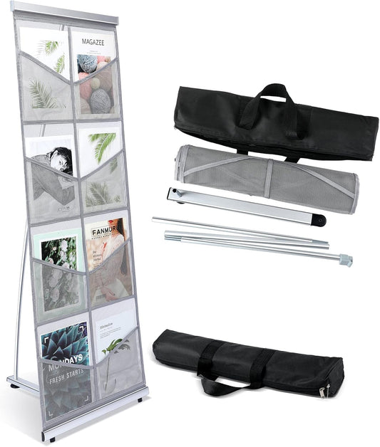 Outus Mesh Literature Brochure Holder with 8 Pocket Portable Magazine Display Roll Up Magazine Rack Lightweight Floor Standing Catalog Office Brochure Display Stand for Business Trade Shows