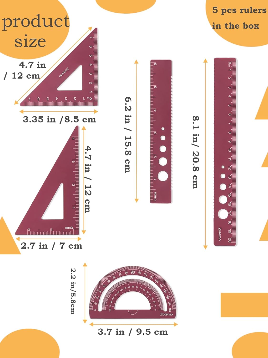 Metal Geometry Set, 5-Piece Aluminum Ruler, Math Drafting Ruler Kit Includes Protractor, Triangle Rulers, Straight Rulers-Math Measurement Tools for School and Office Supplies (Plum Red)