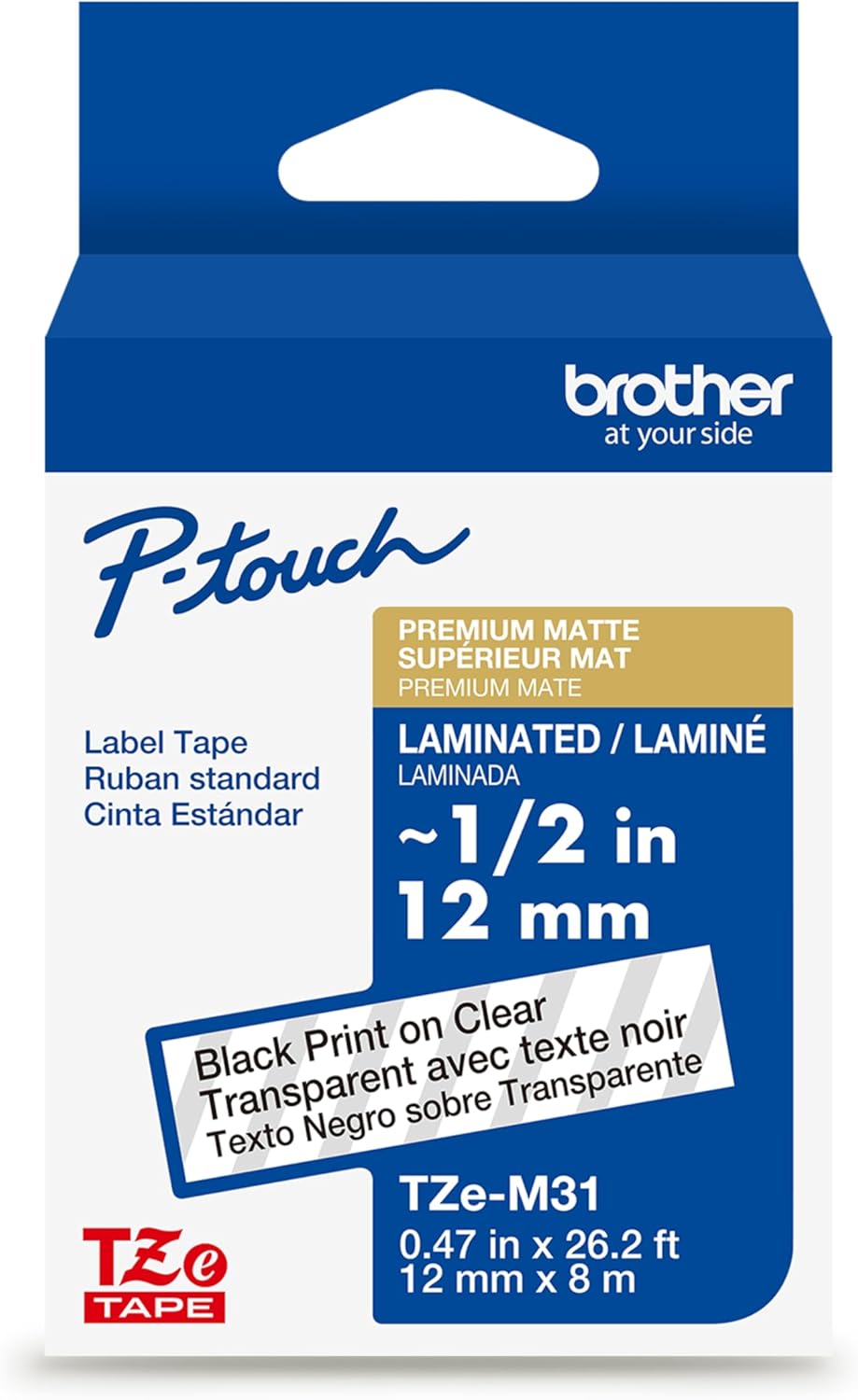 Brother P-Touch TZe-M31 Black Print on Premium Matte Clear Laminated Tape 12mm (0.47”) Wide x 8m (26.2’) Long, TZEM31