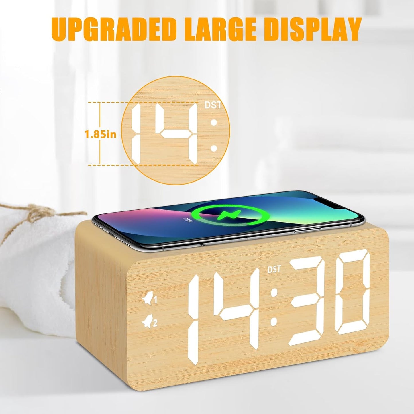 Wood Digital Alarm Clock with 10W Fast Wireless Charger, USB Charging Ports, DST, Dimmable, Snooze, Large Number LED Display for Bedrooms, Desk, Living Room Table, Bedside, Nightstand (Bamboo)