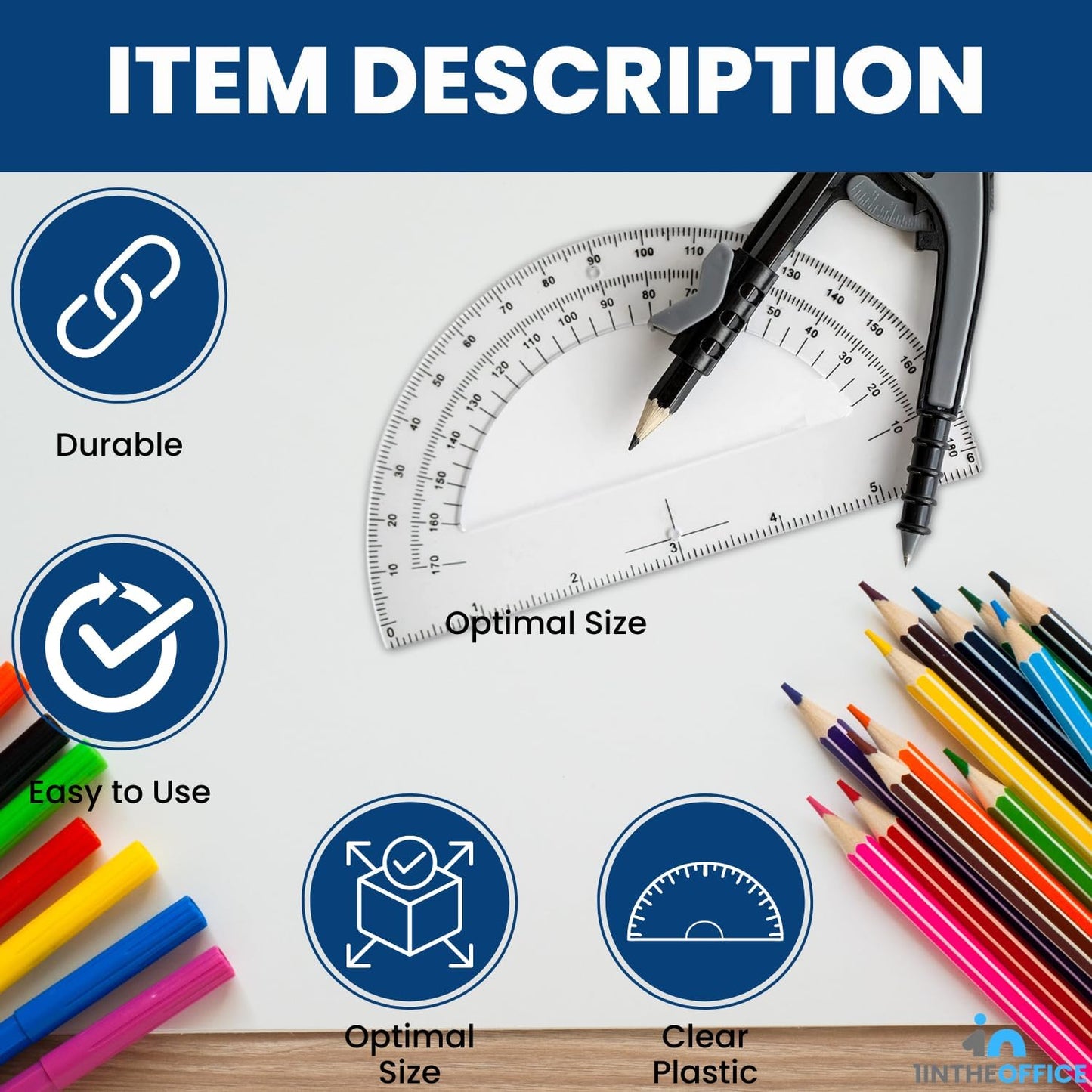 1InTheOffice Plastic Protractor 6 Inch, Protractor for Geometry, Clear Protractor, 180 Degrees, 6 Pack