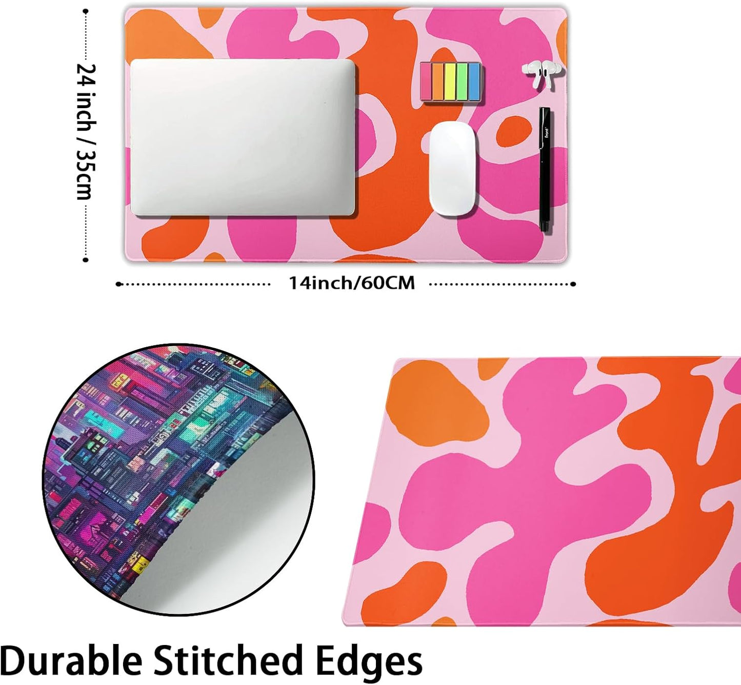 Pink Orange Cute Gaming Mouse Pad Large XL Kawani Preppy Abstract Modern Geographic Extended Large Desk Mat Mousepad Non-Slip Rubber Base Stitched Edge Long Desk Pad for Desktop Office PC,24x14 Inch