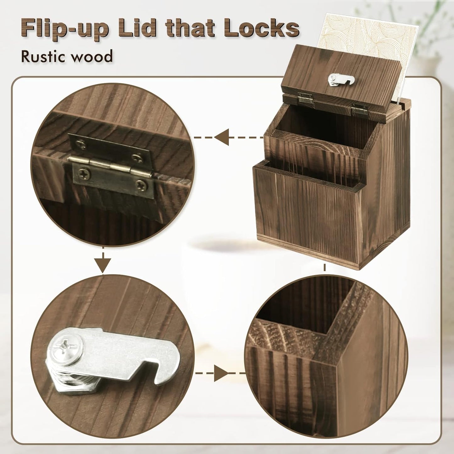 KYODOLED Wood Suggestion Box with Lock Wall Mounted, Rustic Ballot Donation Key Drop Box with Clear Acrylic Sign Holder and 30 Free Suggestion Cards 9H x 6.9W x 8.5L Inch