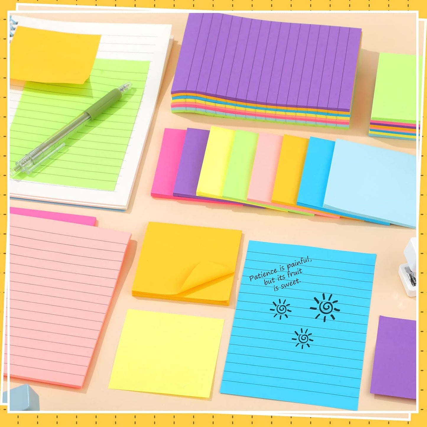 Yexiya 64 Pcs Lined Sticky Notes Self Stick Notes with Lines Bright Assorted Colors Sticky Pad for Home Office Products Post Memos, 1920 Sheets(4 x 6 Inch, 3 x 3 Inch,Stylish Color)