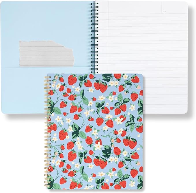 ban.do Floral Rough Draft Large Spiral Notebook, 11" x 9" with Pockets and 160 College Ruled Pages, Strawberry Fields
