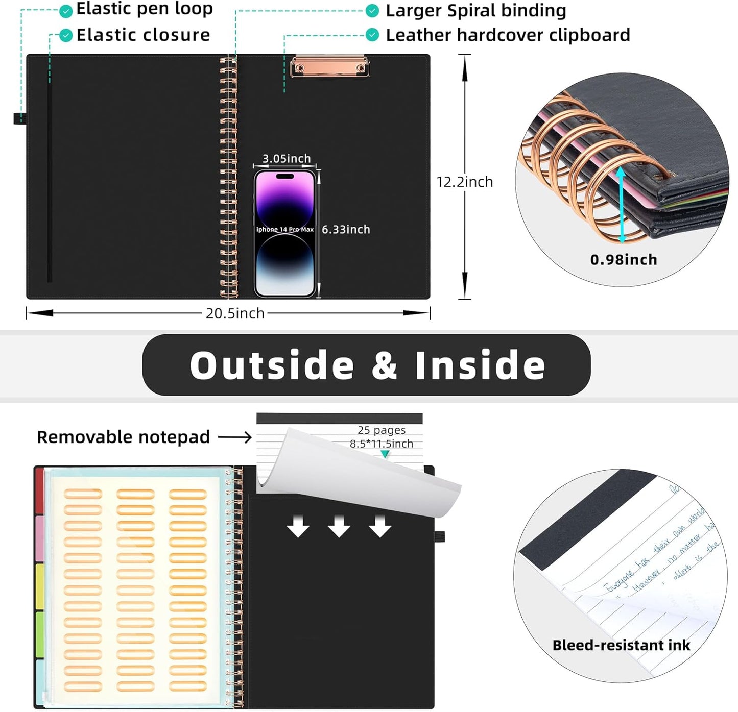 Ospelelf Leather Clipboard Folio with Notepad for Letter Size, Spiral Clipboard Folder with Storage Zipper Pouch, 5 Folders with 10 Pockets, 39 Divider Label Stickers, Pen Loop Series (Black)