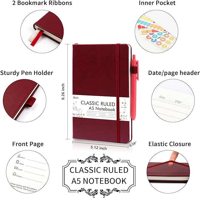 feela 24 Pack Journal Notebook for Work, Business Notebook Bulk Hardcover Lined Writing Journal with Pen Holder for Men Women Note Taking, with 24 Black Pens, 120 GSM, 5.1”x8.3”, A5, Wine