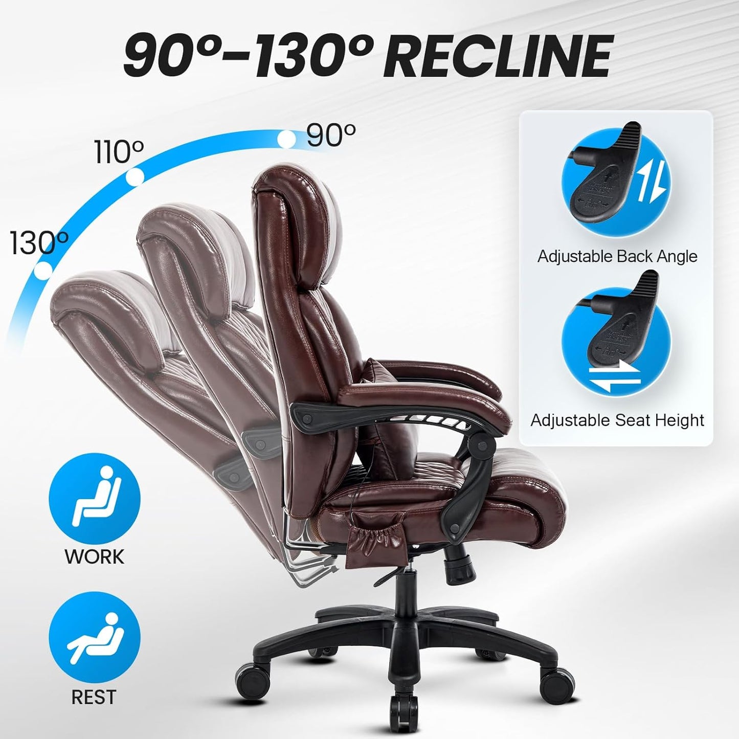 Lumbar Massage Office Chair, 500LBS Big and Tall Office Chair, Heavy Duty Ergonomic Executive Reclining Chair with High Back and Lumbar Support, Brown