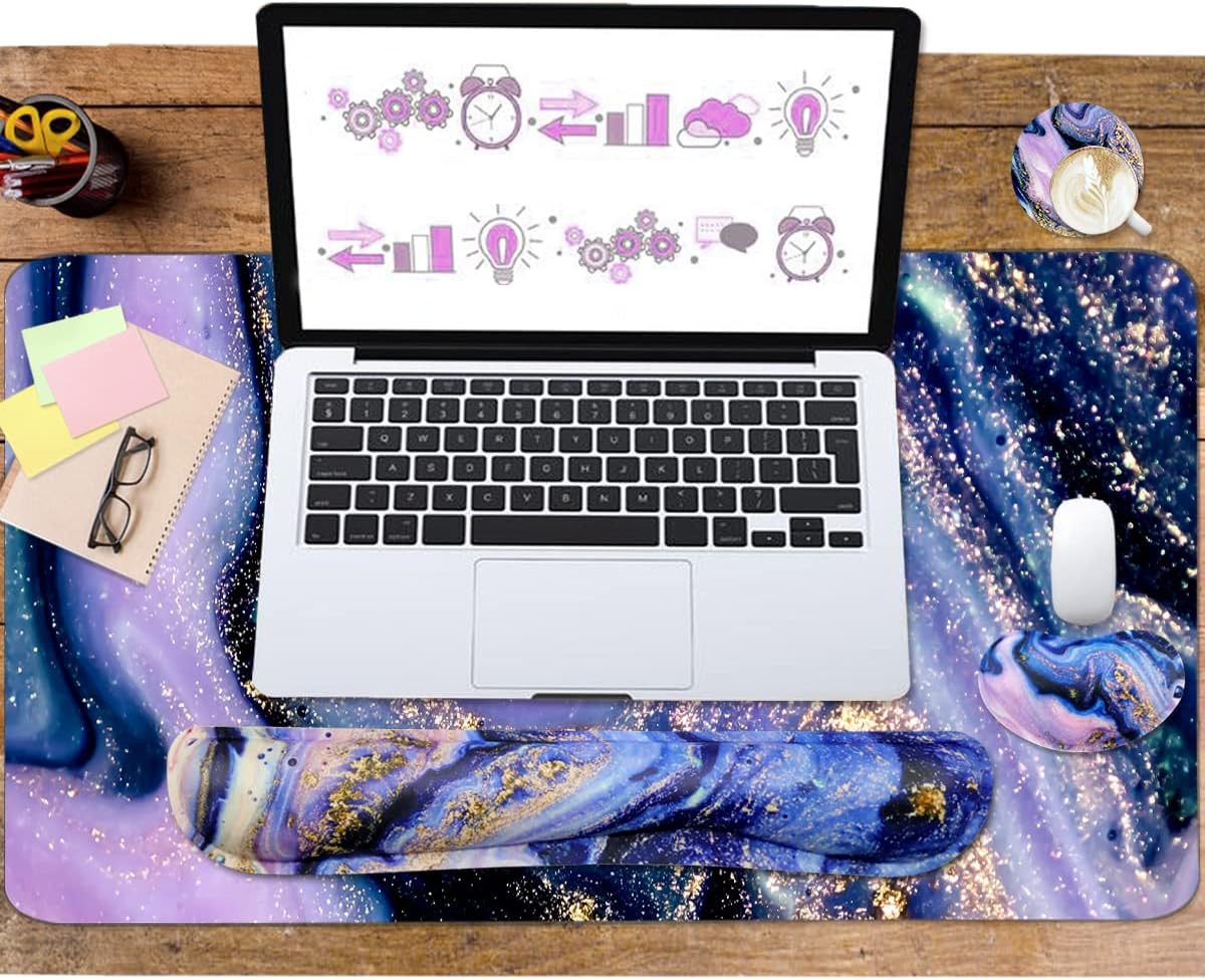 4-in-1 Large Gaming Mouse Pad, Keyboard Wrist Rest Pad & Wrist Support Mousepad Set, Extended Desk Pad Waterproof Desk Mat for Home Office Study Game - Purple Marble